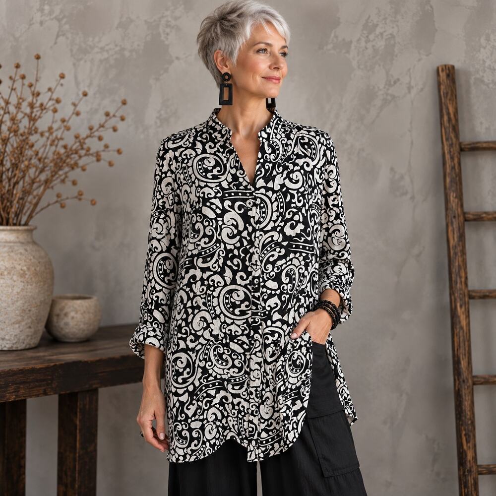 Carol Little Black White Linen Button Floral Top 3x